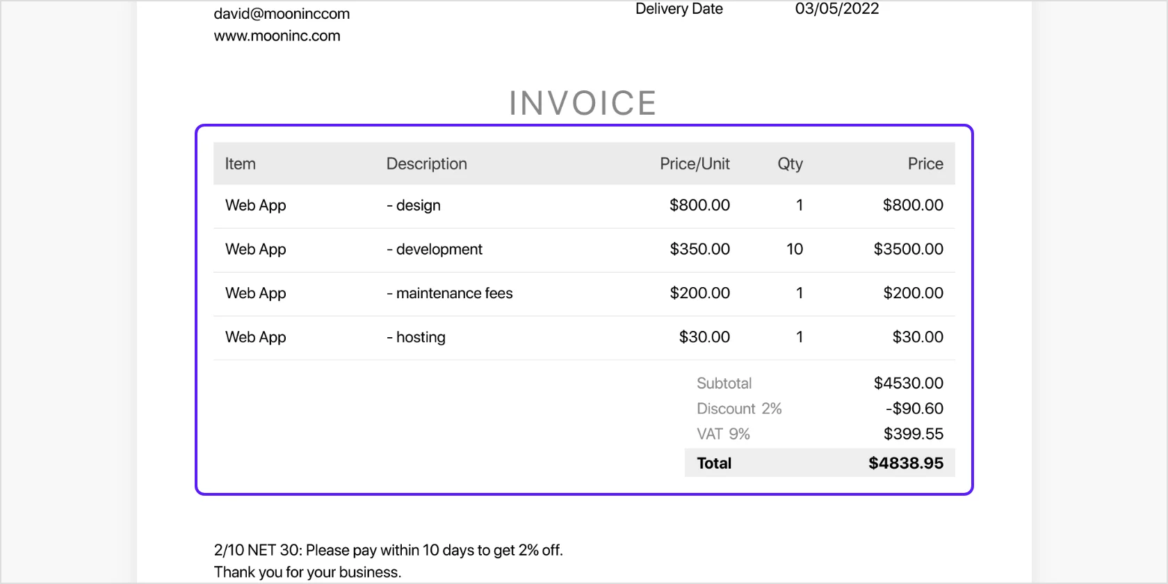 Itemized List Invoice